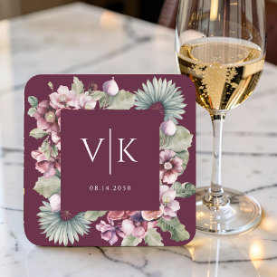 Moody Plum Burgundy Fig Monogram Wedding Square Paper Coaster