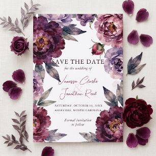 Moody Plum Burgundy Watercolor Floral Wedding Save The Date