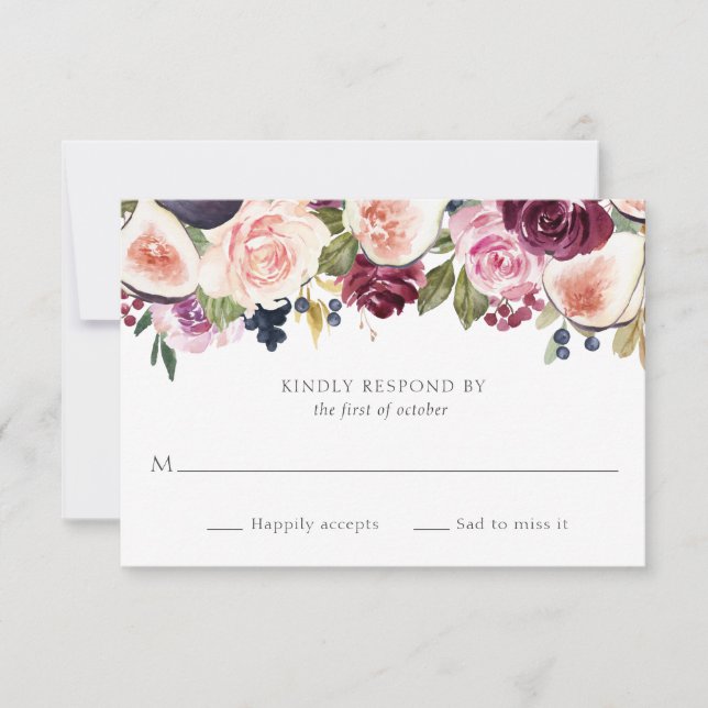 Moody Plum Floral and Fig Wedding RSVP Card (Front)