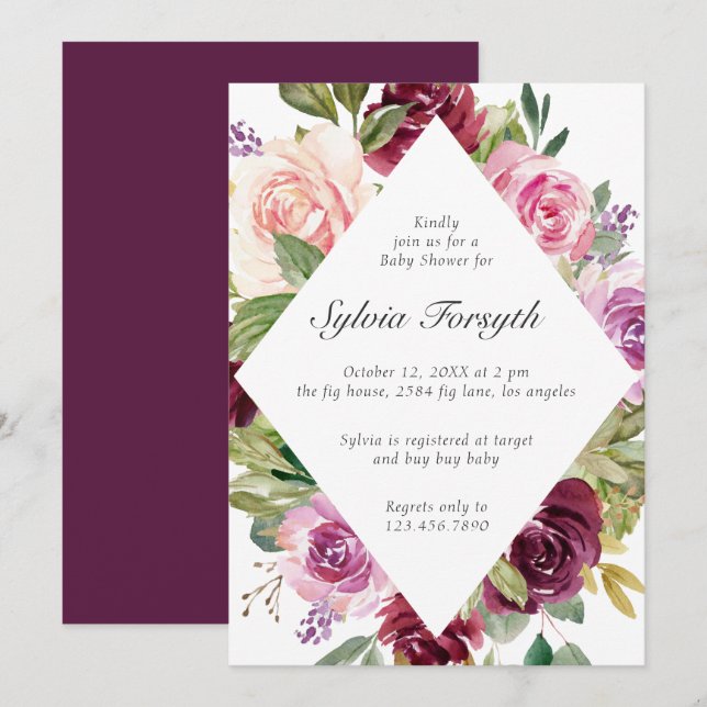 Moody Plum Floral Geometric Girl Baby Shower Invitation (Front/Back)