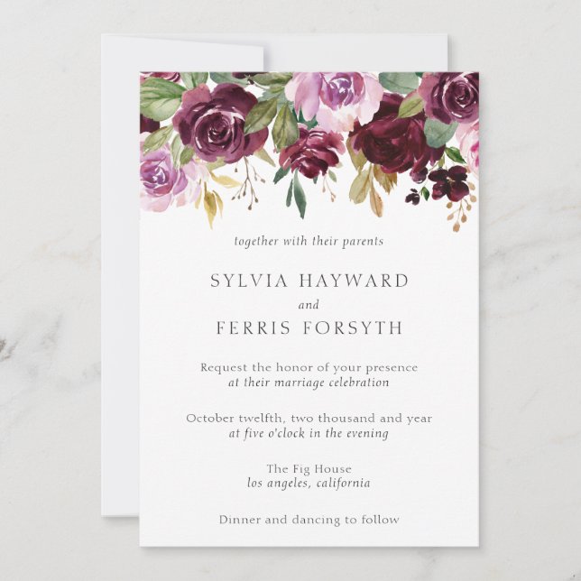 Moody Plum Floral Wedding Invitation (Front)