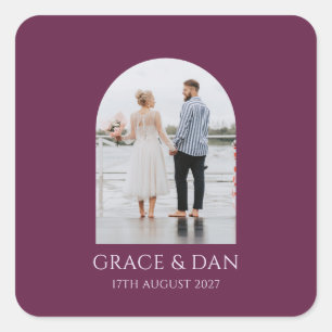Moody Plum Modern Arch Photo Minimalist Wedding Square Sticker