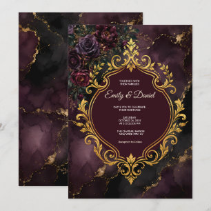 Moody Plum Noir Gold Baroque Marble Wedding Invitation