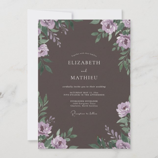 Moody Plum Painted Leaf Wedding Invitation (Front)