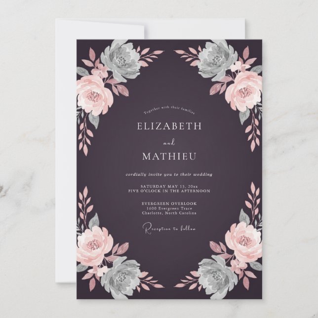 Moody Plum Succulent Eucalyptus Wedding Invitation (Front)