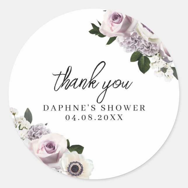 Moody Purple and White Floral Bridal Shower Classic Round Sticker (Front)