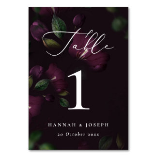 Moody Purple Bloom Gothic Calligraphy Wedding Table Number