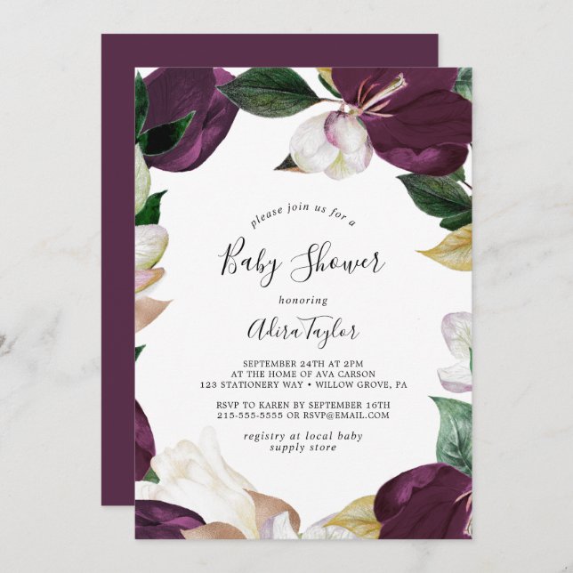 Moody Purple Blooms Baby Shower Invitation (Front/Back)