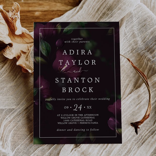 Moody Purple Blooms | Black Pattern Wedding Invitation (Creator Uploaded)