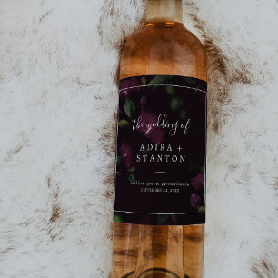 Moody Purple Blooms Black Pattern Wedding Wine Label