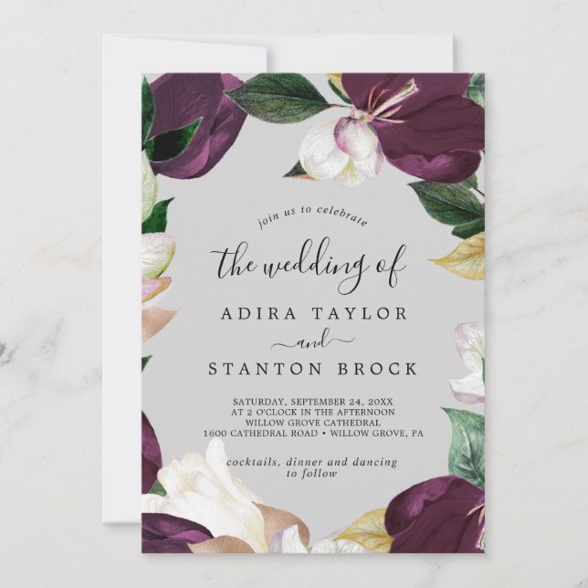 Moody Purple Blooms | Grey The Wedding Of Invitation (Front)