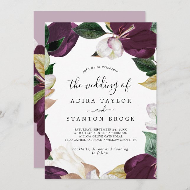 Moody Purple Blooms Lilac Back Wedding Invitation (Front/Back)