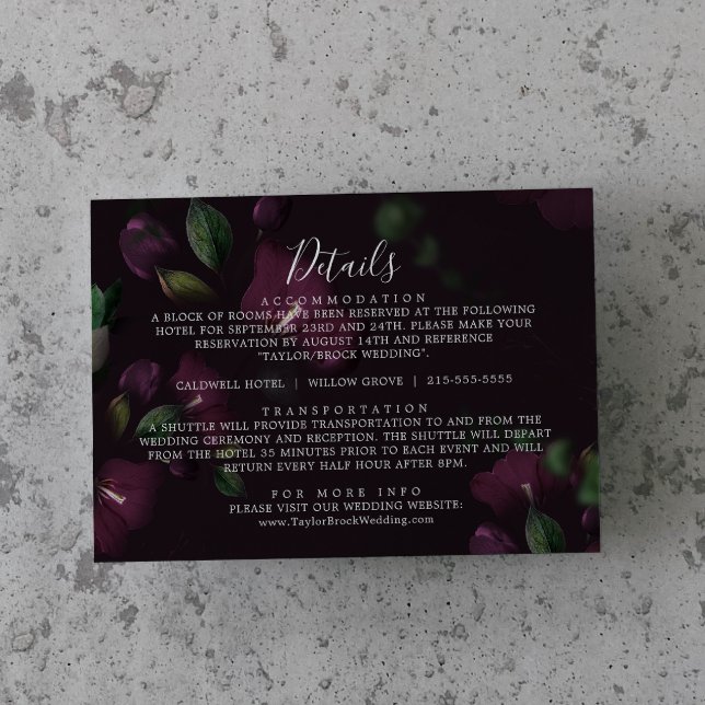 Moody Purple Blooms Pattern Wedding Details Enclosure Card (Creator Uploaded)