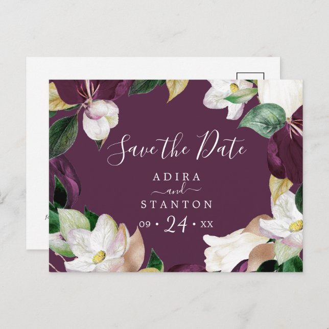 Moody Purple Blooms | Plum Save the Date Postcard (Front/Back)