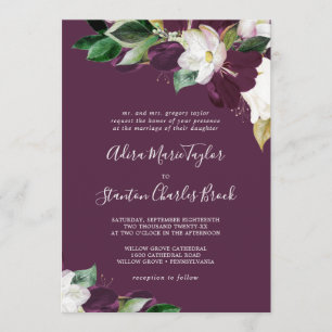 Moody Purple Blooms Plum Traditional Wedding Invitation