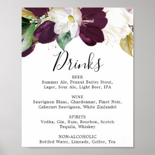 Moody Purple Blooms Wedding Drinks Menu Sign