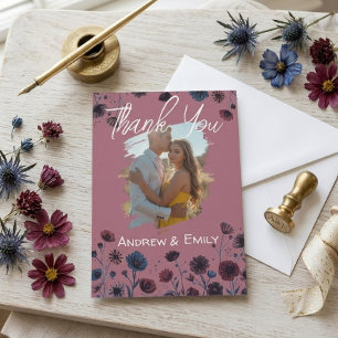 Moody Purple &Blue Floral Wedding Thank You Card 