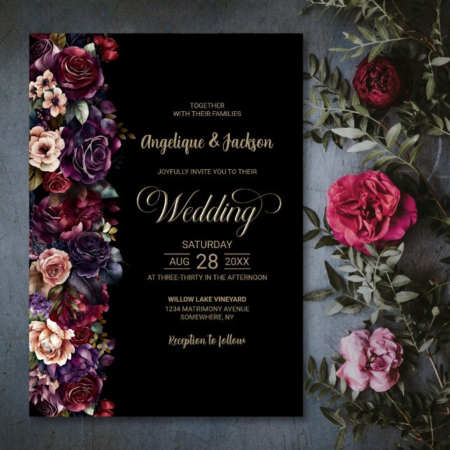 Moody Purple Burgundy Black Floral Wedding Invitation (Creator Uploaded)