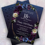 Moody Purple Flowers 18th Birthday Party Invitation<br><div class="desc">Sophisticated and moody dark purple roses and wildflowers create a chic floral design. Pops of white and blue add visual interest and depth. Berries and fruit add to the sultry design. Together, they decorate an elegant multi-strand oval gold frame. The invitation back has a subtle geometric vintage pattern. This 18th...</div>