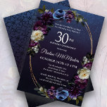 Moody Purple Flowers 30th Birthday Party Invitation<br><div class="desc">Sophisticated and moody dark purple roses and wildflowers create a chic floral design. Pops of white and blue add visual interest and depth. Berries and fruit add to the sultry design. Together, they decorate an elegant multi-strand oval gold frame. The invitation back has a subtle geometric vintage pattern. This 30th...</div>