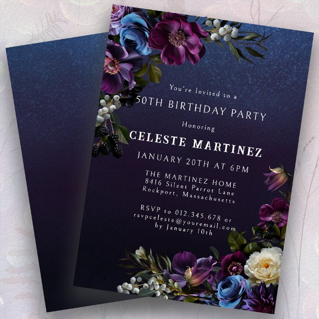 Moody Purple Flowers 50th Birthday Party Invitation (Creator Uploaded)