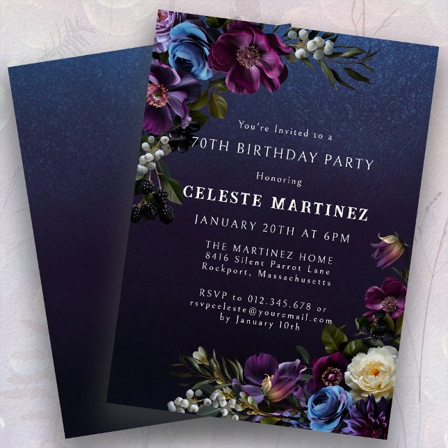 Moody Purple Flowers 70th Birthday Party Invitation (Creator Uploaded)