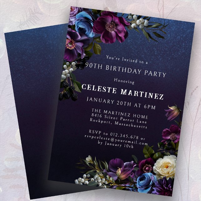 Moody Purple Flowers 90th Birthday Party Invitation (Creator Uploaded)