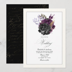 Moody Purple, Gold and Black Floral Wedding Invitation