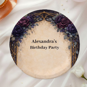 Moody Purple Gothic Floral Birthday Celebration Paper Plate