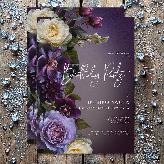 Moody Purple & Lavender Floral Modern Birthday Invitation (Moody Purple & Lavender Floral Modern Birthday Invitation)