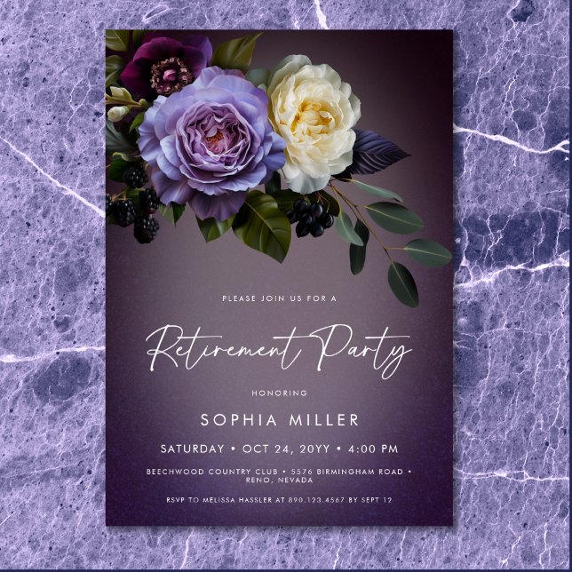 Moody Purple & Lavender Floral Retirement Party Invitation (Moody Purple & Lavender Floral Retirement Party Invitation)