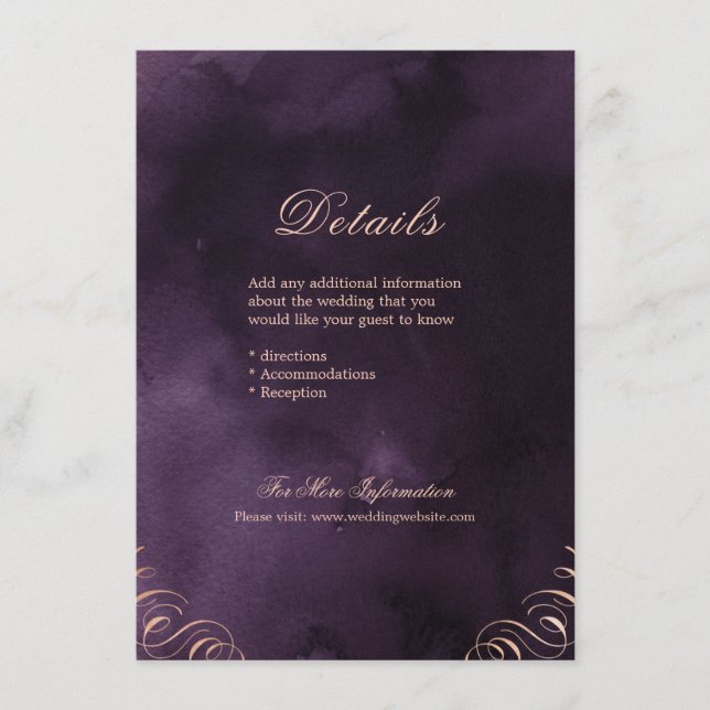 Moody purple rose gold calligraphy wedding details enclosure card (Front)