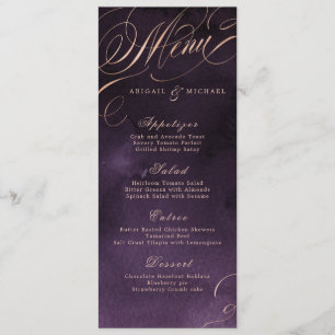 Moody purple rose gold calligraphy wedding menu