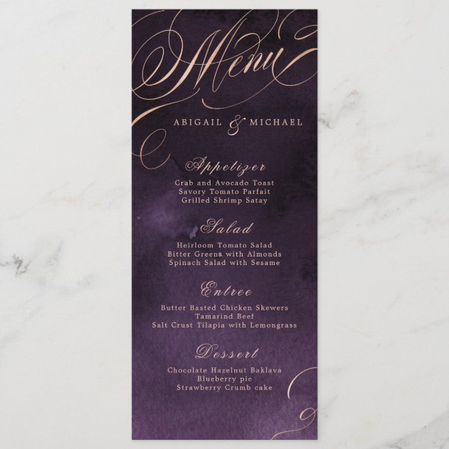 Moody purple rose gold calligraphy wedding menu (Front)