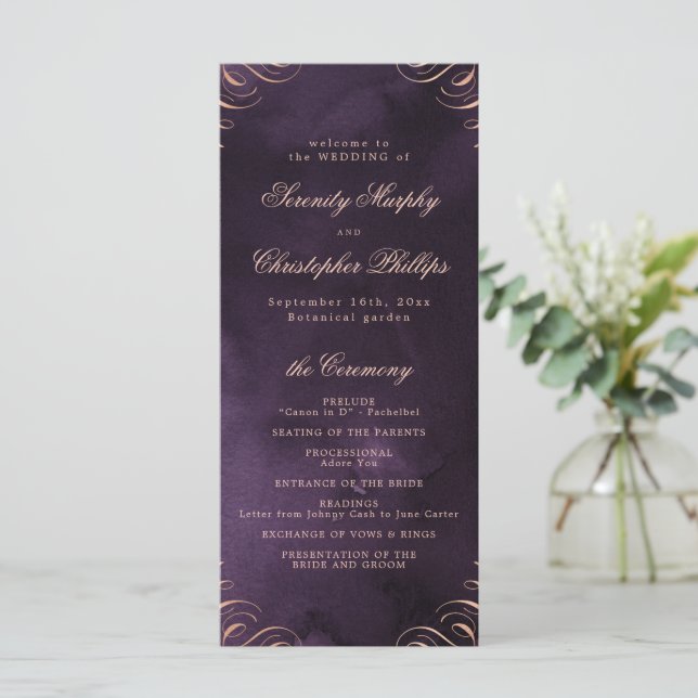 Moody purple rose gold Calligraphy Wedding Program Menu (Standing Front)