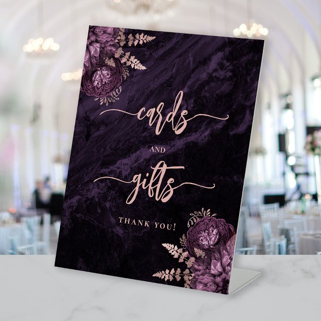 Moody Purple Rose Gold Floral Wedding Cards Gifts Pedestal Sign (Creator Uploaded)