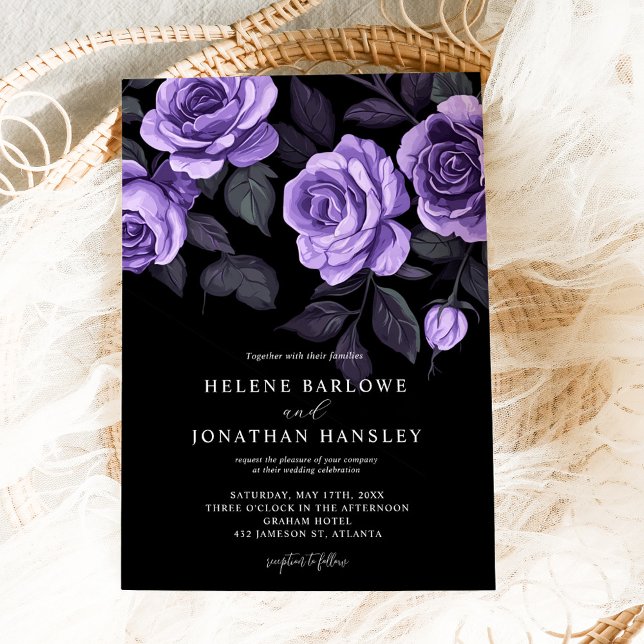 Moody Purple Roses Floral Dark Gothic Wedding Invitation (Moody Purple Roses Floral Dark Gothic Wedding Invitation)