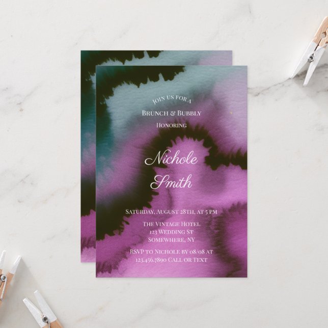 Moody Purple & Teal Abstract Brunch & Bubbly Invitation (Front/Back In Situ)