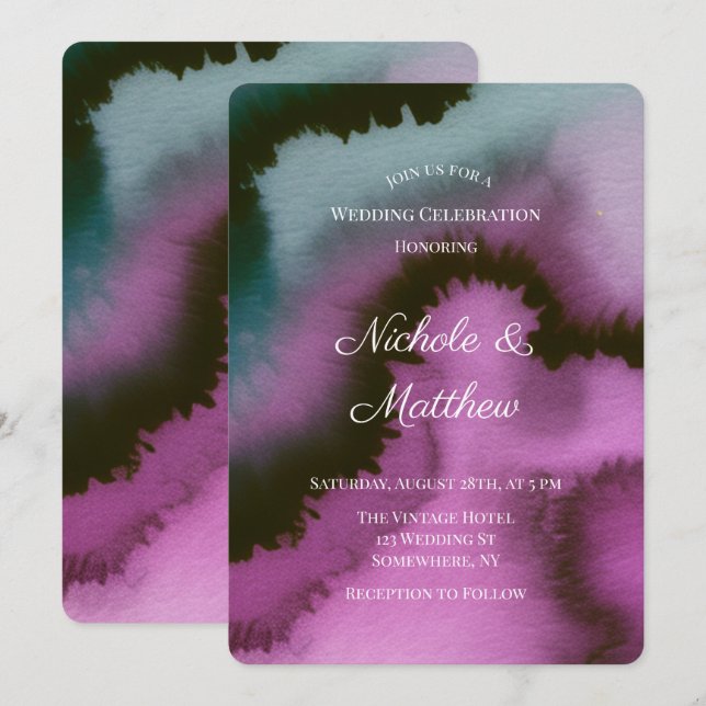 Moody Purple & Teal Abstract Wedding Celebration Invitation (Front/Back)