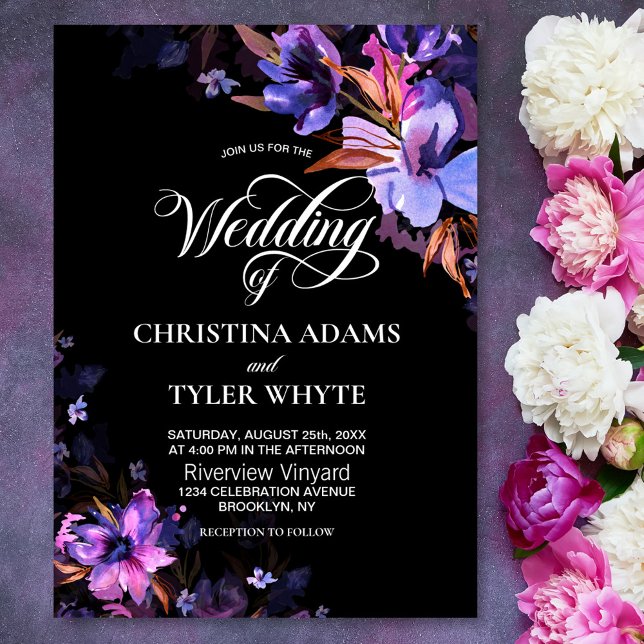 Moody Purple Watercolor Floral Black Wedding Invitation (Creator Uploaded)