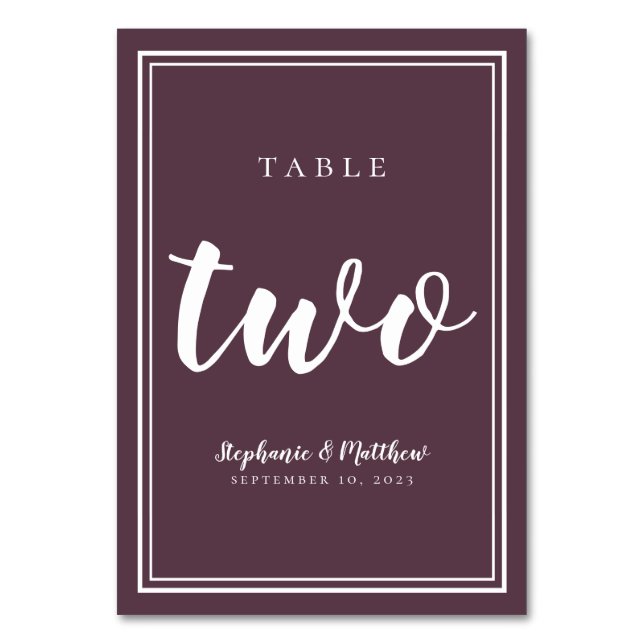 Moody Purple Wedding Simple | Table Number Two (Front)