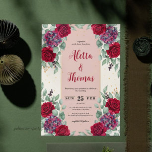Moody Red and Plum Purple Floral Wedding Invitation
