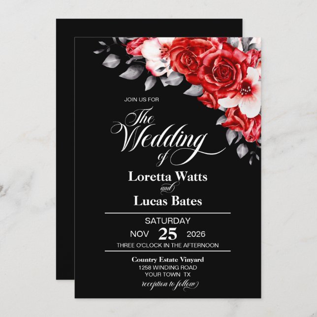 Moody Red Rose Floral Black Wedding Invitation (Front/Back)