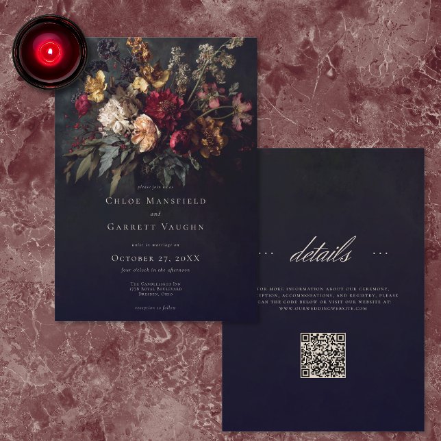 Moody Romantic Dark Floral Gothic QR Code Wedding Invitation (Creator Uploaded)