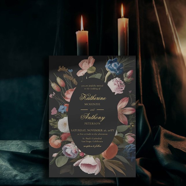 Moody Romantic Floral Dreamy Black Frame Wedding Invitation (moody romantic wedding invitation floral frame painting dutch masters elegant gothic dark black chic)