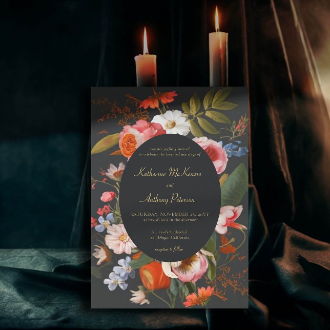 Moody Romantic Gothic Dark Bold Floral Wedding Invitation (moody romantic wedding invitation bold pink red floral frame painting dutch masters elegant gothic )