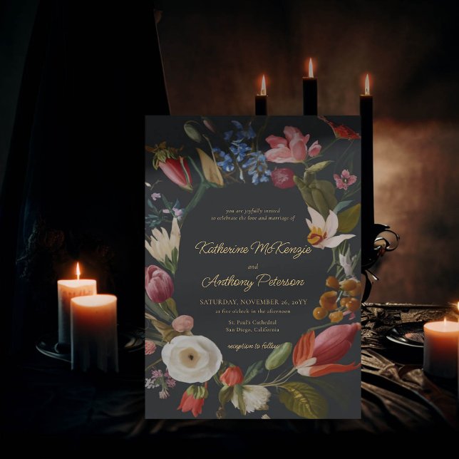 Moody Romantic Gothic Dark Floral Frame Wedding Invitation (moody romantic wedding invitation red blue floral frame painting dutch masters elegant gothic dark)