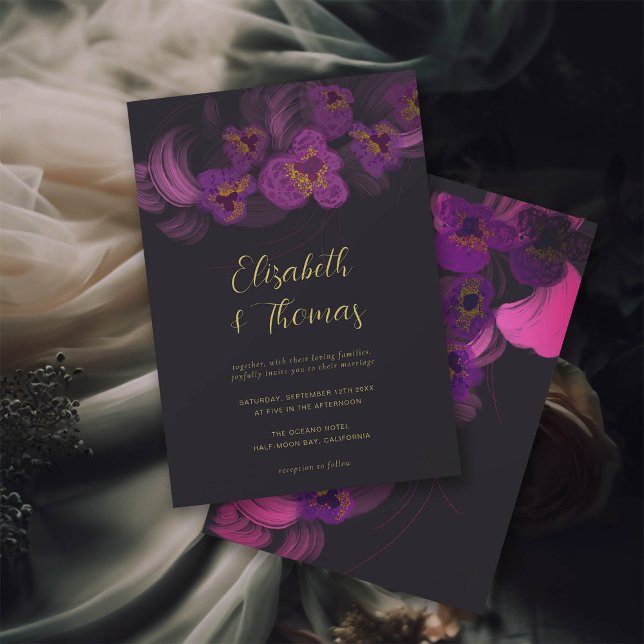 Moody Romantic Purple Orchids Dark Floral Wedding Invitation (moody romantic wedding invitation dark magenta purple orchids gothic elegant gold formal)