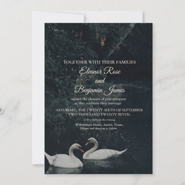  Moody Romantic Swan Wedding Invitation (Front)