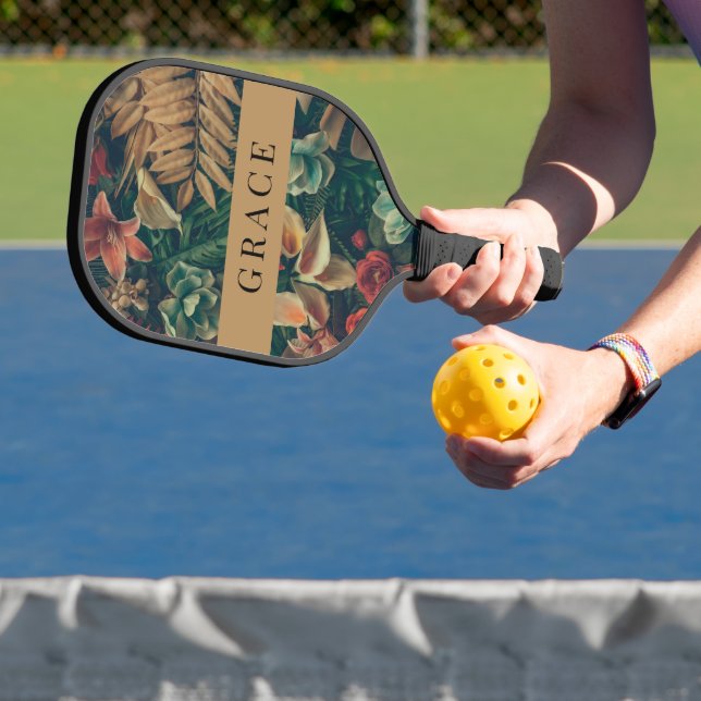 Moody Romantic Tropical Gold Floral Pickleball Paddle (Insitu)